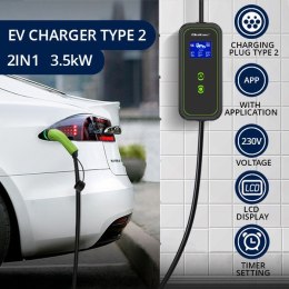 Qoltec Mobilna ładowarka do samochodu elektrycznego EV z regulacją 2w1 Typ2 | 3.5kW | 230V | Wi-fi | LCD | Przenośna | Wallbox |