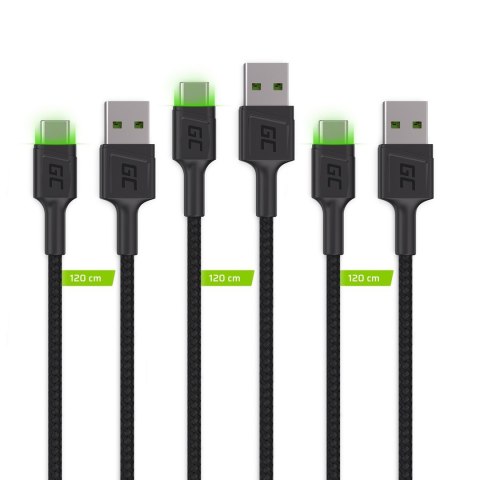 Green Cell GREEN CELL ZESTAW KABLI KABGCSET03 3X KABEL GC RAY USB - USB-C 30CM, ZIELONY LED