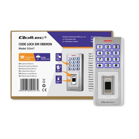Qoltec QOLTEC ZAMEK SZYFROWY OBERON Z CZYTNIKIEM LINII PAPILARNYCH | RFID | KOD | KARTA | BRELOK | DZWONEK | IP68 | EM