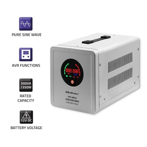 Qoltec QOLTEC ZASILACZ AWARYJNY PURE SINE WAVE UPS | 500VA | 350W | STAŁA FAZA | SZARY