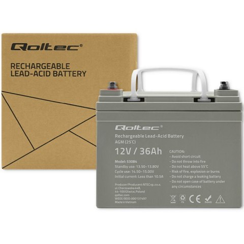 Qoltec Qoltec Akumulator AGM | 12V | 36Ah | Bezobsługowy | Wydajny | LongLife | do UPS, skutera