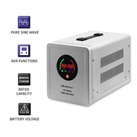 Qoltec QOLTEC ZASILACZ AWARYJNY PURE SINE WAVE UPS | 800VA | 560W | SZARY