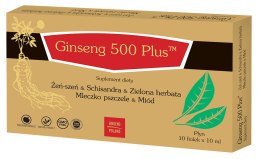 Ginseng 500 PLUS Żeńszeń + Schisandra + Zielona herbata + Mleczko pszczele + Miód 10x10ml (fiolki) GINSENG POLAND