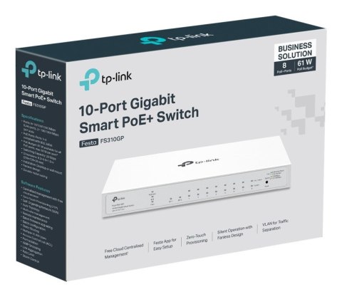 TP-Link FESTA FS310GP łącza sieciowe Zarządzany L2/L2+ Gigabit Ethernet (10/100/1000) Obsługa PoE 1U Biały