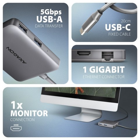 Axagon N HMC-5HL USB 5Gbps hub 2x USB-A HDMI 4k/60Hz RJ-45 GLAN PD 100W kabel USB-C Przewodowa USB 3.2 Gen 1 (3.1 Gen 1) Type-C 