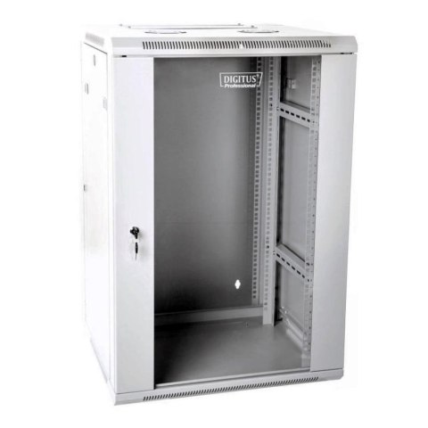 Szafa sieciowa wisząca 19" 18U rack 600x600, drzwi szyba, szary, dzielona, złożona, 60kg