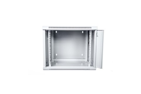 Szafa sieciowa wisząca 19" 9U rack 600x550, drzwi szyba, szary, dzielona, złożona, 60kg