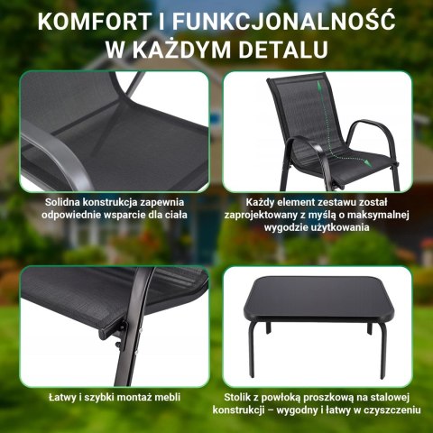 Klasyczny zestaw mebli ogrodowych Black Forest tekstylen dwa krzesła + stolik czarny