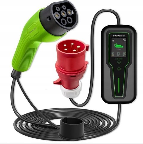 Qoltec Mobilna ładowarka do samochodu elektrycznego EV z regulacją 2w1 Typ2 11kW 400V 5 PIN CEE LCD Przenośna Wallbox 5m