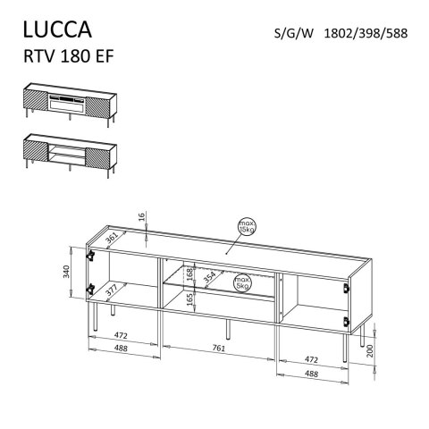 Szafka RTV LUCCA 180x40x59 biały + kominek czarny