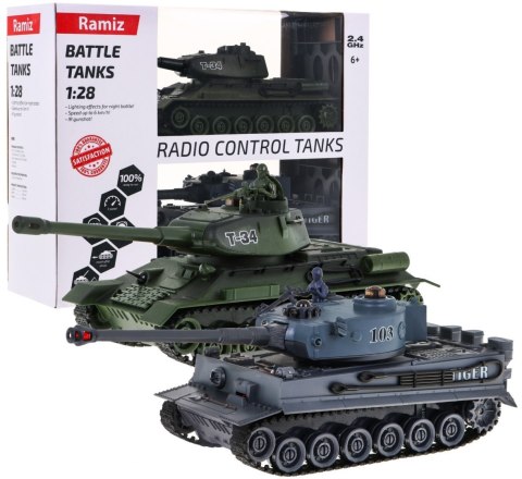 Zdalnie sterowane 2 czołgi T-34 vs Tiger dla dzieci 3+ Strzelające modele 1:28 + Wielka Bitwa Czołgów + Dźwięki Światła