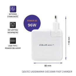 Qoltec Ładowarka sieciowa FAST 96W | 5-20V | 3- 4.7A | USB C PD | Laptop | Smartfon | Biała