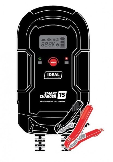 Prostownik SMART CHARGE 15 LCD, napięcie ładowania: 12/24 V IDEAL, prąd ładowania: 8/15A, napięcie zasilania: 230V, rodzaj akumu